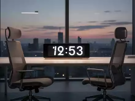 Ein minimalistischer Büroarbeitsplatz mit einer Digitaluhr in der Dämmerung, die das Thema Arbeitszeitgestaltung symbolisiert. - Foto: über boerse-global.de