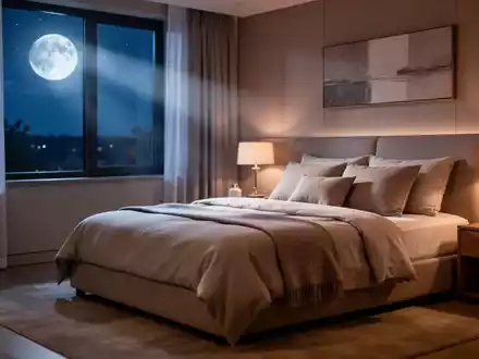 Ein ruhig gestaltetes Schlafzimmer bei Nacht mit sanftem Mondlicht, das eine entspannte und erholsame Atmosphäre vermittelt. - Foto: über boerse-global.de