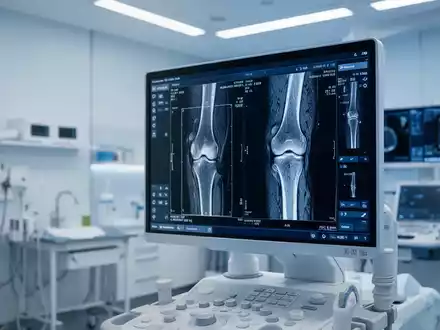Medizinische Bildgebung eines Kniegelenks auf einem Monitor in einer modernen klinischen Umgebung. - Foto: über boerse-global.de