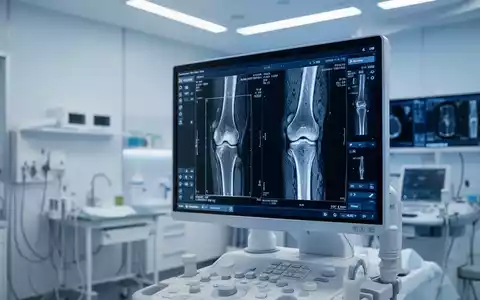 Medizinische Bildgebung eines Kniegelenks auf einem Monitor in einer modernen klinischen Umgebung. - Foto: über boerse-global.de
