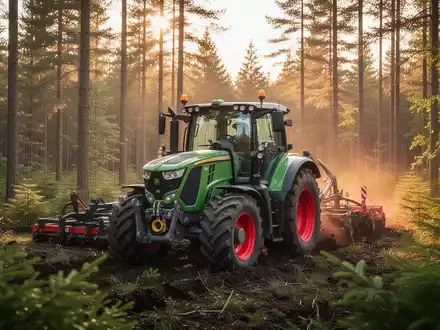 Ein moderner Traktor bei der Arbeit in einem Waldgebiet während des goldenen Lichts. - Foto: über boerse-global.de