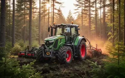 Ein moderner Traktor bei der Arbeit in einem Waldgebiet während des goldenen Lichts. - Foto: über boerse-global.de