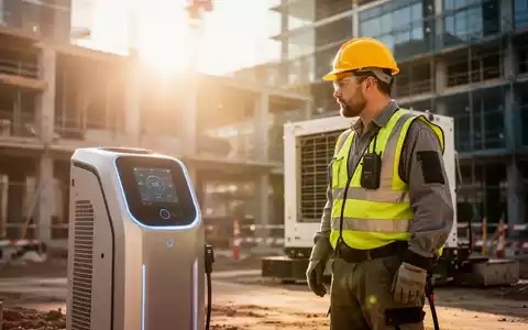 Bauarbeiter auf einer Baustelle bei starker Hitze mit einer mobilen Kühlstation im Hintergrund. - Foto: über boerse-global.de