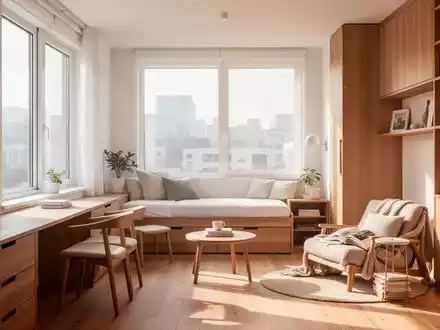 Modernes, minimalistisch eingerichtetes Apartment mit großen Fenstern und heller, freundlicher Atmosphäre. - Foto: über boerse-global.de