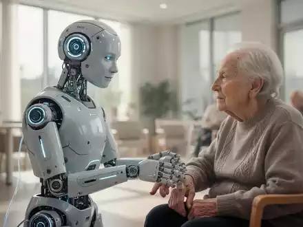 Ein fortschrittlicher humanoider Roboter hilft einem älteren Menschen einfühlsam in einer modernen Pflegeeinrichtung. - Foto: über boerse-global.de