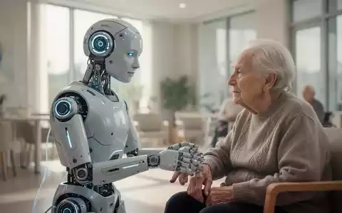 Ein fortschrittlicher humanoider Roboter hilft einem älteren Menschen einfühlsam in einer modernen Pflegeeinrichtung. - Foto: über boerse-global.de