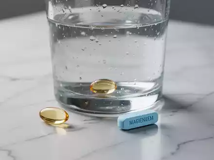 Eine Vitamin-D-Kapsel und eine Magnesiumtablette liegen neben einem Glas Wasser auf einem hellen Marmoruntergrund. - Foto: über boerse-global.de