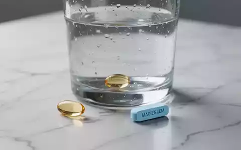 Eine Vitamin-D-Kapsel und eine Magnesiumtablette liegen neben einem Glas Wasser auf einem hellen Marmoruntergrund. - Foto: über boerse-global.de