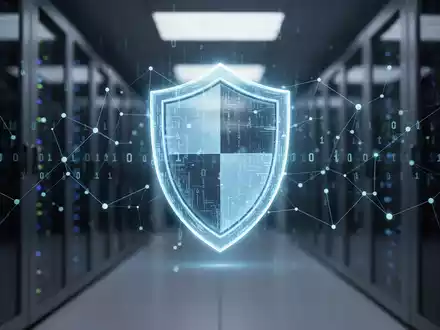 Digitales Schutzschild-Symbol über einem verschwommenen Serverraum als Metapher für Cybersicherheit und MFA-Richtlinien. - Foto: über boerse-global.de