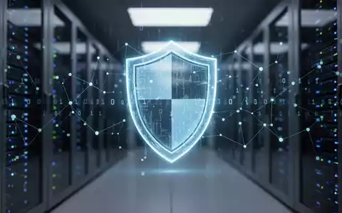 Digitales Schutzschild-Symbol über einem verschwommenen Serverraum als Metapher für Cybersicherheit und MFA-Richtlinien. - Foto: über boerse-global.de