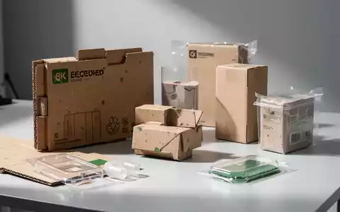 Nachhaltige Verpackungsmaterialien aus recyceltem Karton und Kunststoff auf einem modernen Schreibtisch. - Foto: über boerse-global.de