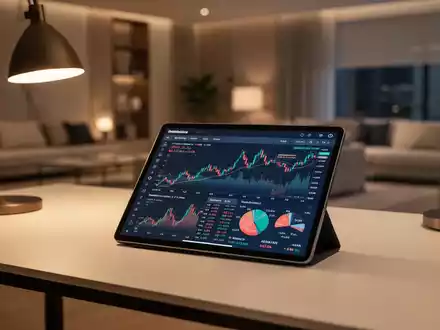 Ein digitaler Tablet-Bildschirm mit Finanzgrafiken auf einem Schreibtisch als Symbol fĂŒr digitale Altersvorsorge. - Foto: ĂŒber boerse-global.de