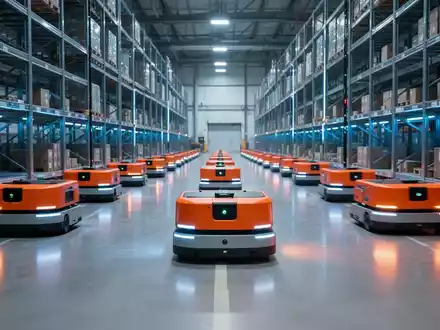 Autonome Roboter bewegen sich in einem modernen, hochautomatisierten Logistikzentrum zwischen Regalsystemen. - Foto: über boerse-global.de