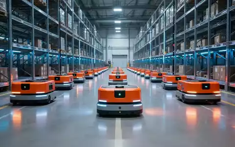 Autonome Roboter bewegen sich in einem modernen, hochautomatisierten Logistikzentrum zwischen Regalsystemen. - Foto: über boerse-global.de