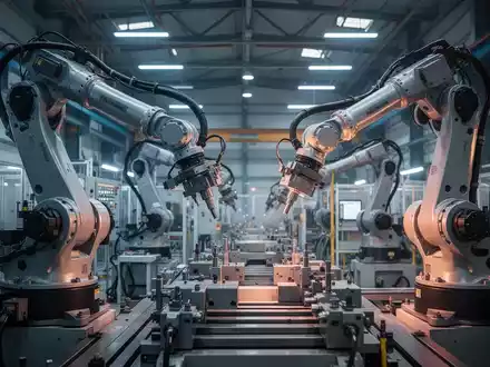 Moderne deutsche Industriehalle mit präzisen Robotern und Maschinen in einer professionellen, technologischen Umgebung. - Foto: über boerse-global.de