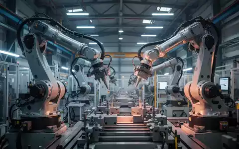 Moderne deutsche Industriehalle mit präzisen Robotern und Maschinen in einer professionellen, technologischen Umgebung. - Foto: über boerse-global.de