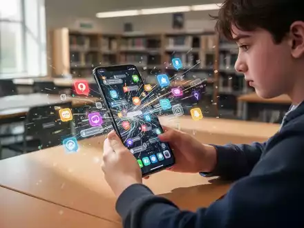Ein Smartphone mit digitalen Benachrichtigungen liegt auf einem Schreibtisch vor einem Schüler in einer Bibliothek. - Foto: über boerse-global.de