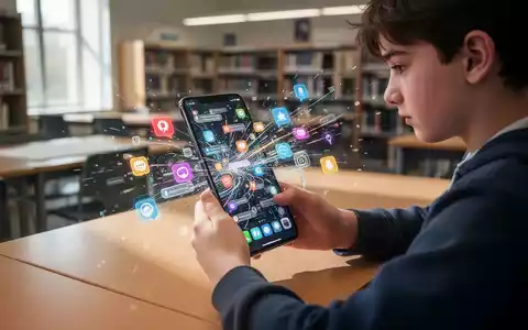 Ein Smartphone mit digitalen Benachrichtigungen liegt auf einem Schreibtisch vor einem Schüler in einer Bibliothek. - Foto: über boerse-global.de