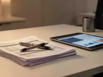 Ein Schreibtisch mit Steuerunterlagen, einem Füllfederhalter und einem Tablet mit Finanzdiagrammen. - Foto: über boerse-global.de
