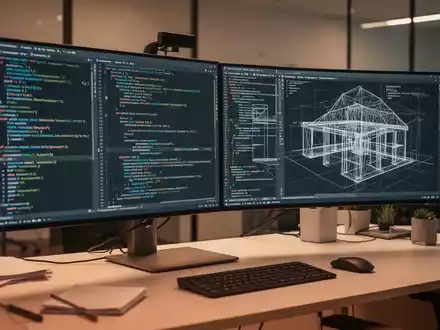Moderner Entwicklerarbeitsplatz mit komplexem Code und Wireframes auf Bildschirmen, symbolisiert professionelle digitale Infrastruktur. - Foto: über boerse-global.de