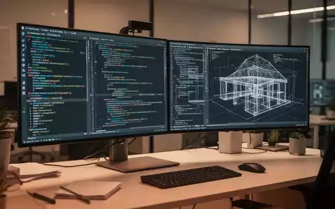 Moderner Entwicklerarbeitsplatz mit komplexem Code und Wireframes auf Bildschirmen, symbolisiert professionelle digitale Infrastruktur. - Foto: über boerse-global.de