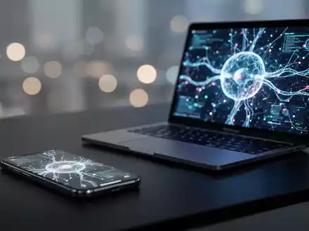 Ein moderner Schreibtisch mit Smartphone und Laptop, die abstrakte Datenvisualisierungen einer künstlichen Intelligenz zeigen. - Foto: über boerse-global.de
