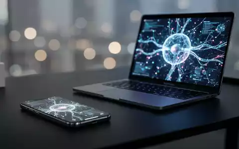 Ein moderner Schreibtisch mit Smartphone und Laptop, die abstrakte Datenvisualisierungen einer künstlichen Intelligenz zeigen. - Foto: über boerse-global.de