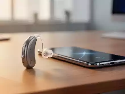 Ein modernes Hörgerät neben einem Smartphone auf einem Schreibtisch zur Veranschaulichung digitaler Konnektivität. - Foto: über boerse-global.de