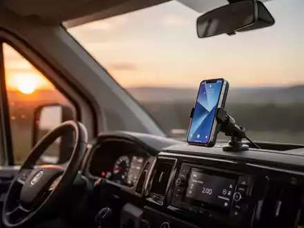 Ein altes Smartphone, das in einem Wohnmobil als Überwachungskamera genutzt wird, in stimmungsvollem Licht. - Foto: über boerse-global.de