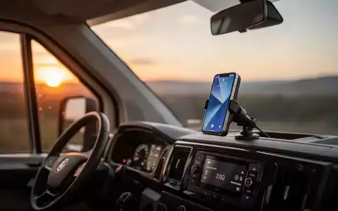 Ein altes Smartphone, das in einem Wohnmobil als Überwachungskamera genutzt wird, in stimmungsvollem Licht. - Foto: über boerse-global.de