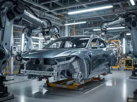 Automobilfertigung in einer modernen Fabrik mit Roboterarmen bei der Montage eines Elektro-SUV-Fahrgestells. - Foto: über boerse-global.de