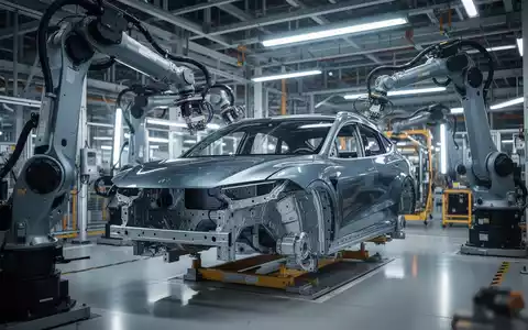 Automobilfertigung in einer modernen Fabrik mit Roboterarmen bei der Montage eines Elektro-SUV-Fahrgestells. - Foto: über boerse-global.de
