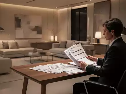 Eine Person prüft an einem Schreibtisch Finanzdokumente und Wohnungsunterlagen in einer modernen Wohnung. - Foto: über boerse-global.de