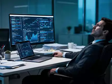 Ein erschöpfter Büroangestellter blickt nachdenklich von seinem Laptopbildschirm weg, umgeben von moderner Büroausstattung. - Foto: über boerse-global.de