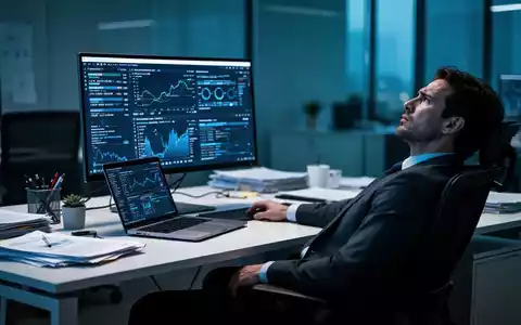 Ein erschöpfter Büroangestellter blickt nachdenklich von seinem Laptopbildschirm weg, umgeben von moderner Büroausstattung. - Foto: über boerse-global.de