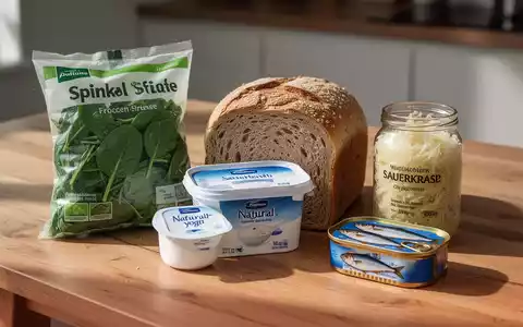 Eine Auswahl gesunder und kostengünstiger Lebensmittel wie Tiefkühlgemüse, Vollkornbrot, Sauerkraut und Sardinen auf einem Holztisch. - Foto: über boerse-global.de