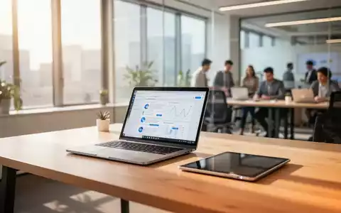 Moderner, heller Arbeitsplatz mit Laptop und Tablet in einem professionellen Büroambiente für hybrides Arbeiten. - Foto: über boerse-global.de