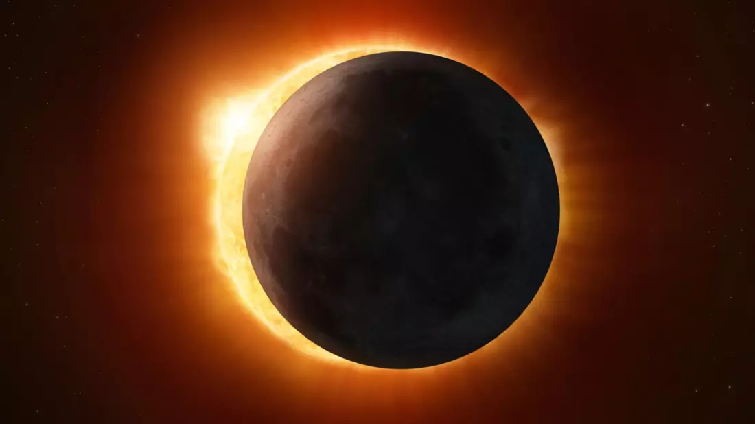 Künstlerische Darstellung einer Sonnenfinsternis. Der Mond steht genau vor der Sonne, so dass sein Schatten auf die Erde fällt. - Bild: Handout / Berlin/Esa/dpa