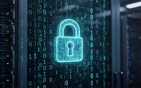 Ein leuchtendes digitales Schloss in einem Netzwerk aus binärem Code und Server-Infrastruktur als Symbol für Cybersicherheit. - Foto: über boerse-global.de