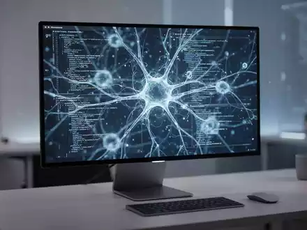 Ein moderner Arbeitsplatz mit einem Monitor, auf dem abstrakte neuronale Netzwerke und Code-Visualisierungen zu sehen sind. - Foto: über boerse-global.de