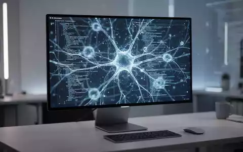 Ein moderner Arbeitsplatz mit einem Monitor, auf dem abstrakte neuronale Netzwerke und Code-Visualisierungen zu sehen sind. - Foto: über boerse-global.de
