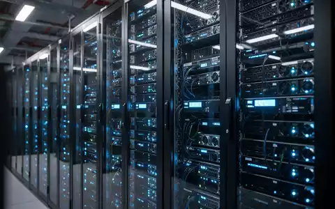 Moderne Hochleistungsrechenzentren mit Server-Racks und blauer Beleuchtung - Foto: über boerse-global.de
