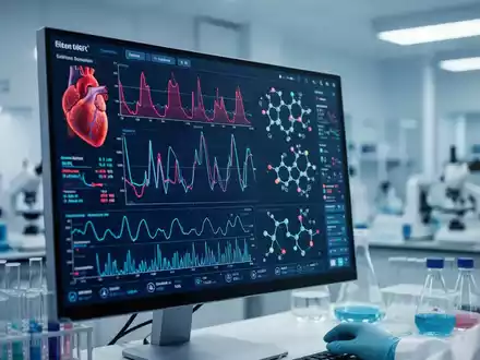Digitaler Monitor mit medizinischen Herz-Kreislauf-Daten und molekularen Strukturen in einer modernen Forschungsumgebung. - Foto: über boerse-global.de