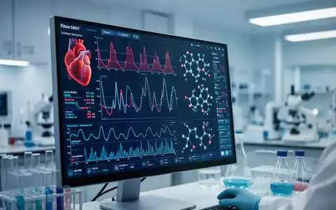 Digitaler Monitor mit medizinischen Herz-Kreislauf-Daten und molekularen Strukturen in einer modernen Forschungsumgebung. - Foto: über boerse-global.de