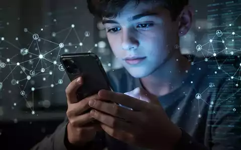 Ein Jugendlicher schaut in einem abgedunkelten Raum auf ein Smartphone, dessen Display ein sanftes blaues Licht auf das Gesicht wirft. - Foto: über boerse-global.de