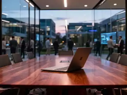 Modernes Büro mit Laptop auf einem Konferenztisch, das den technologischen Wandel und den Führungswechsel in der KI-Branche symbolisiert. - Foto: über boerse-global.de