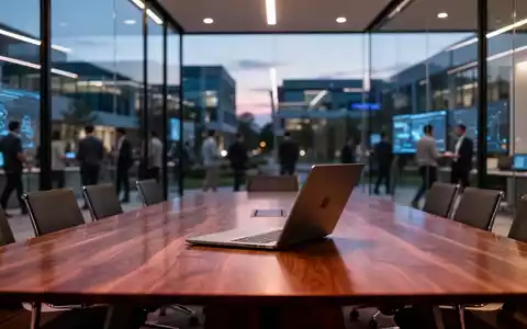 Modernes Büro mit Laptop auf einem Konferenztisch, das den technologischen Wandel und den Führungswechsel in der KI-Branche symbolisiert. - Foto: über boerse-global.de