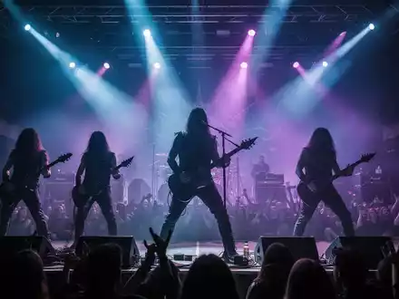 Live-Konzert einer Metal-Band auf einer beleuchteten Bühne vor einem großen Publikum. - Foto: über boerse-global.de