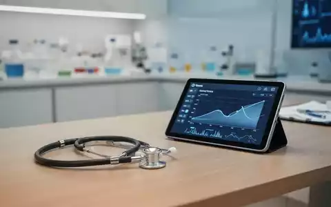Ein medizinischer Schreibtisch mit Stethoskop und Tablet, das Gesundheitsdaten anzeigt, in einer modernen klinischen Umgebung. - Foto: über boerse-global.de