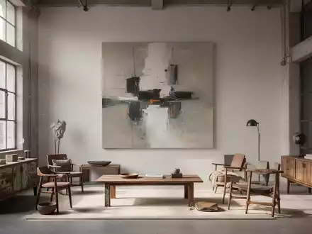 Minimalistisch eingerichtetes Atelier mit einem großformatigen Kunstwerk als zentralem Blickfang und Vintage-Möbeln. - Foto: über boerse-global.de